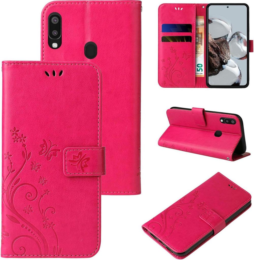 Handyhülle für Samsung Galaxy A20e Floral Blumen Schmetterling Flip Cover Hülle Case Klapphülle Handytasche Farbe: Pink