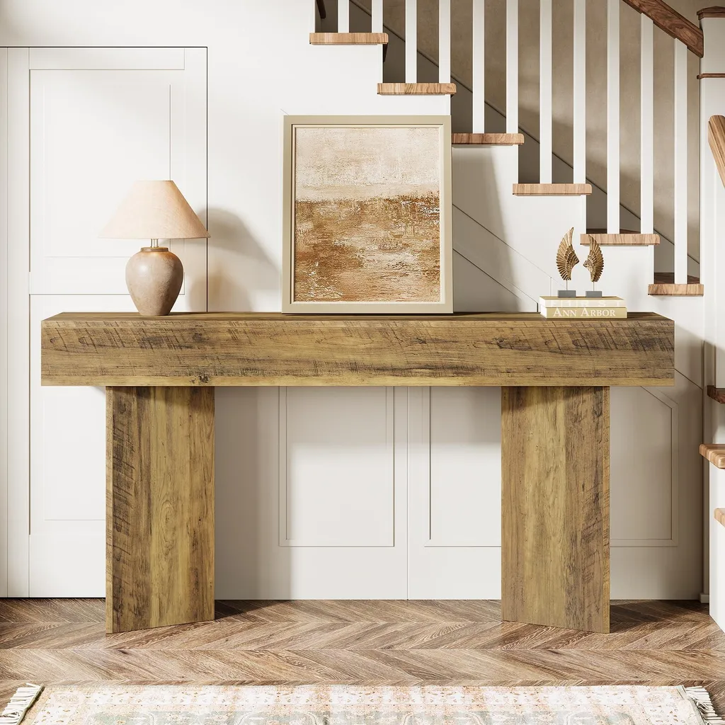 Console d'Entrée Robuste 160 cm, Table d'Accentuation en Bois et Métal
