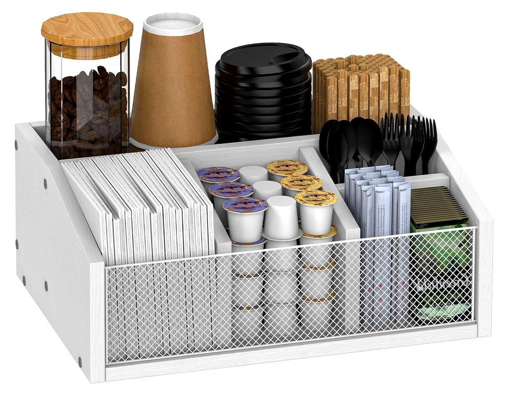 Kaffeespender Organizer in Weiß, 5-Fächer Aufbewahrungsbox für Büro und Küche – Zur Organisation von Servietten, Süßstoff, Rührstäbchen ...