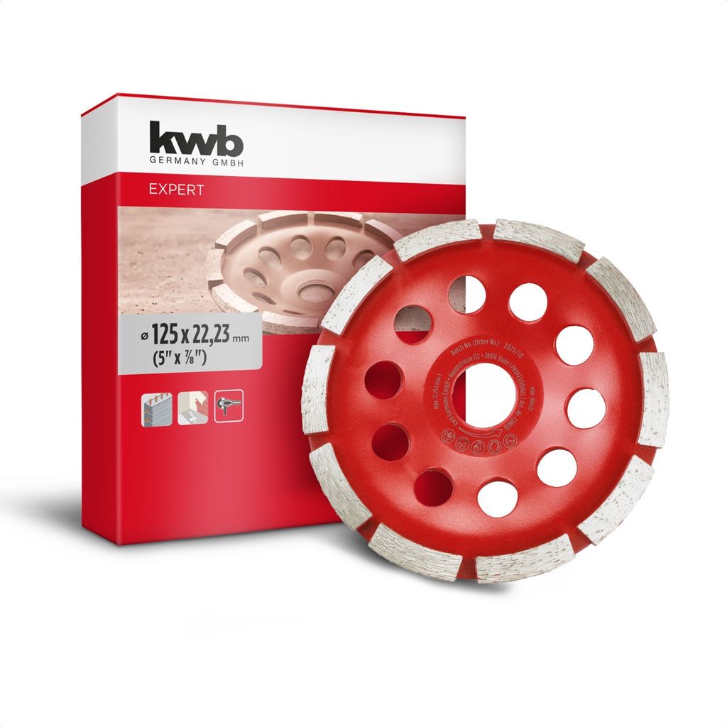 kwb Diamant-Schleiftopf, Diamant-Schleifteller (mit 1-reihigem Rand, Ø 125 mm, für Winkelschleifer, ideal für Beton mit Armierung, Putz, Estrich...