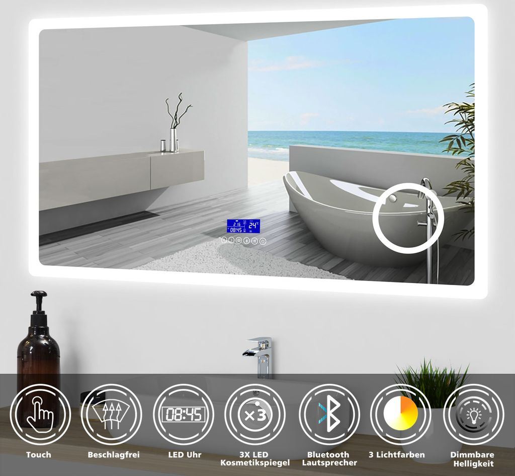LED Badspiegel mit Uhr Bluetooth 3-Fache Vergrößerung Beschlagfrei 140x80cm Badezimmer Spiegel CE IP44 mit Speicherfunktion Warm/Neutral/Kaltwei...