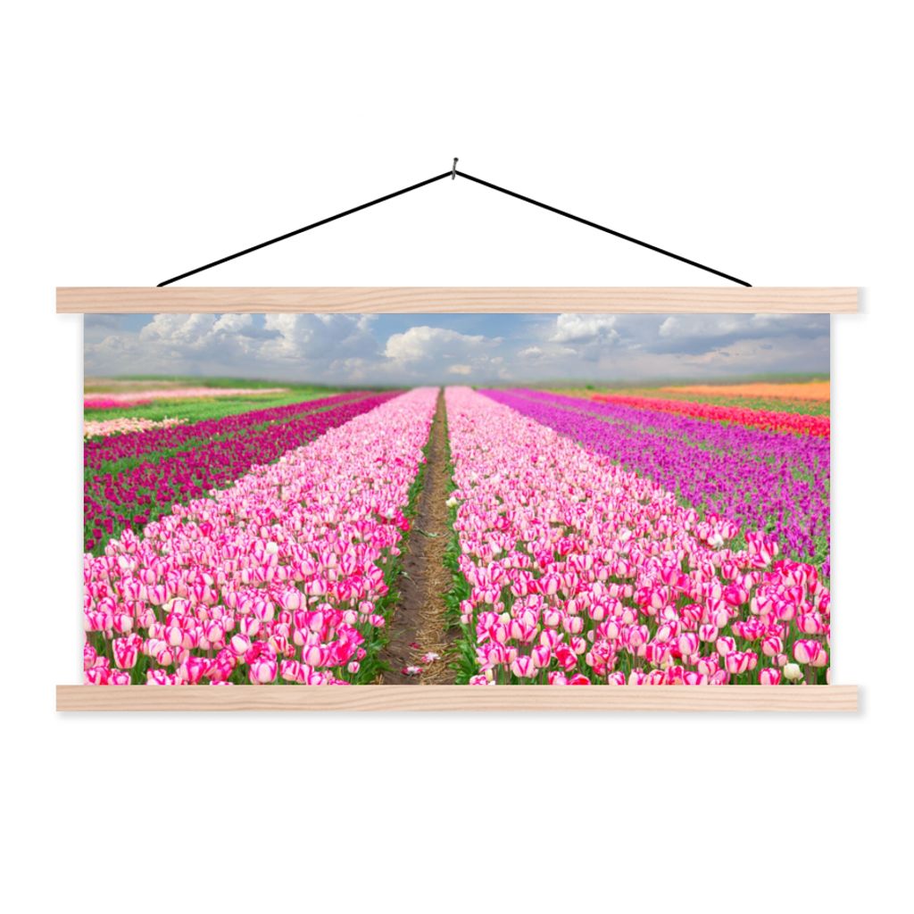 MuchoWow Textilposter Tulpen - Sonne - Frühling 60x30 cm mit holzfarbenen Rahmen - Dekoration