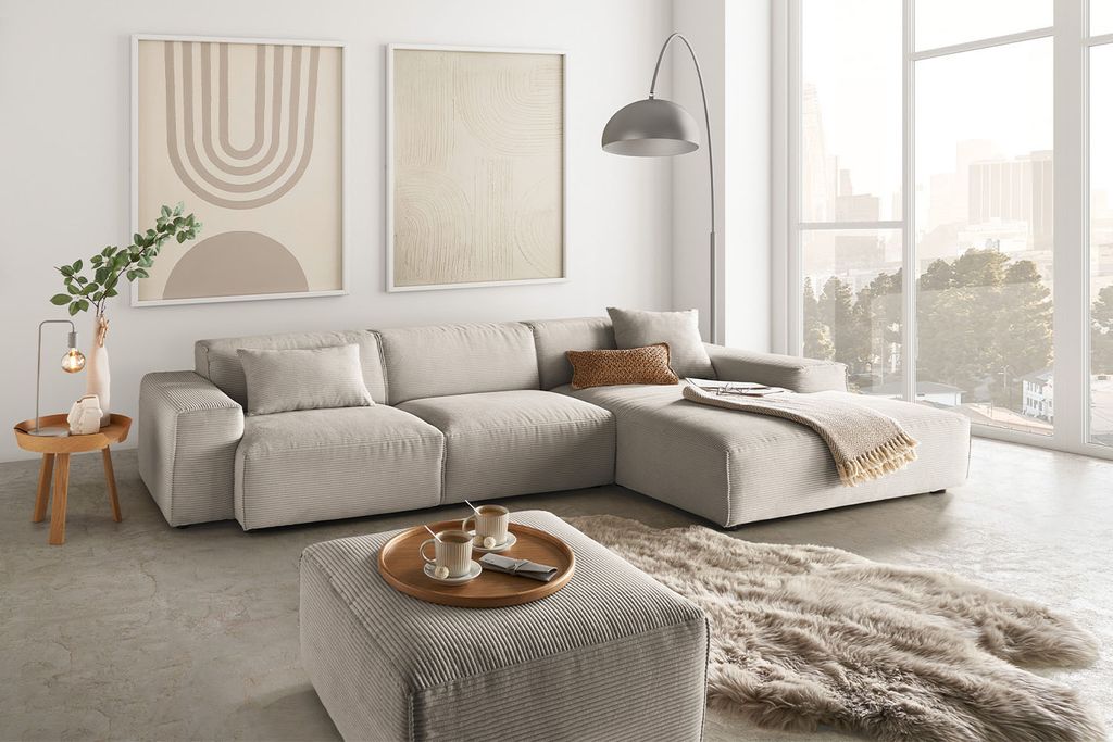 KAWOLA Sofa RANI Ecksofa Cord steingrau Recamiere rechts Produktbild 