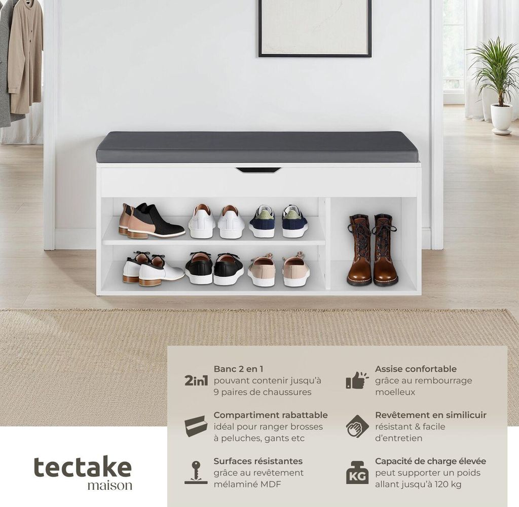 Banc à chaussures NATALYA avec coussin d'assise 104x30x49cm Image du produit 