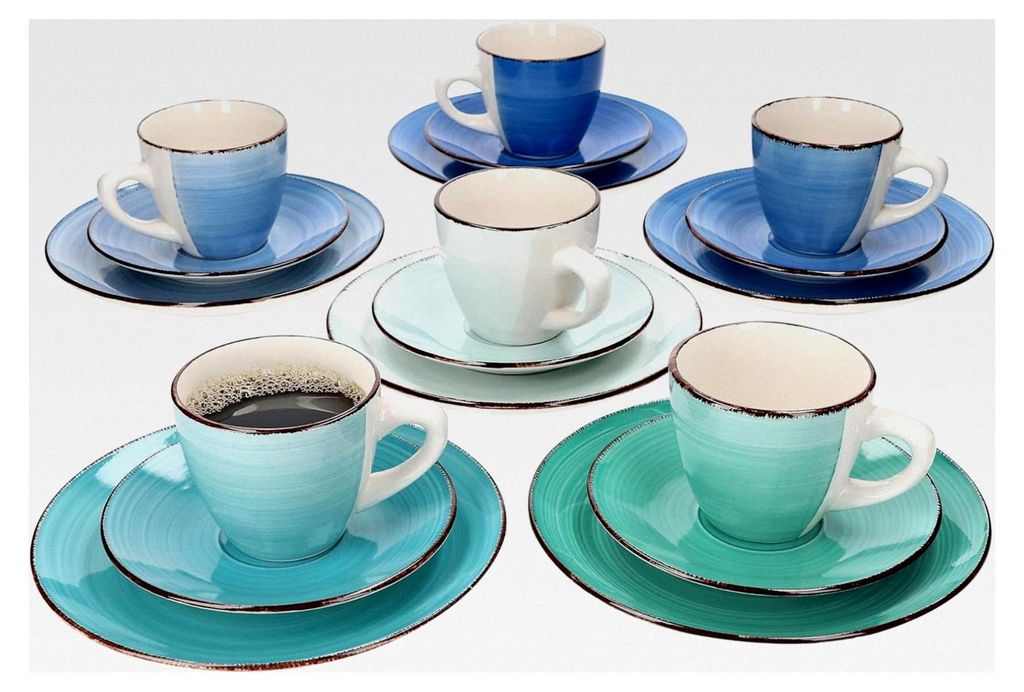 18-teiliges Kaffee-Service Blue Curacao - Geschirr-Set für 6 Personen, handbemalt - Steingut mit Tassen, Unterteller, Kuchenteller - Buntes Set