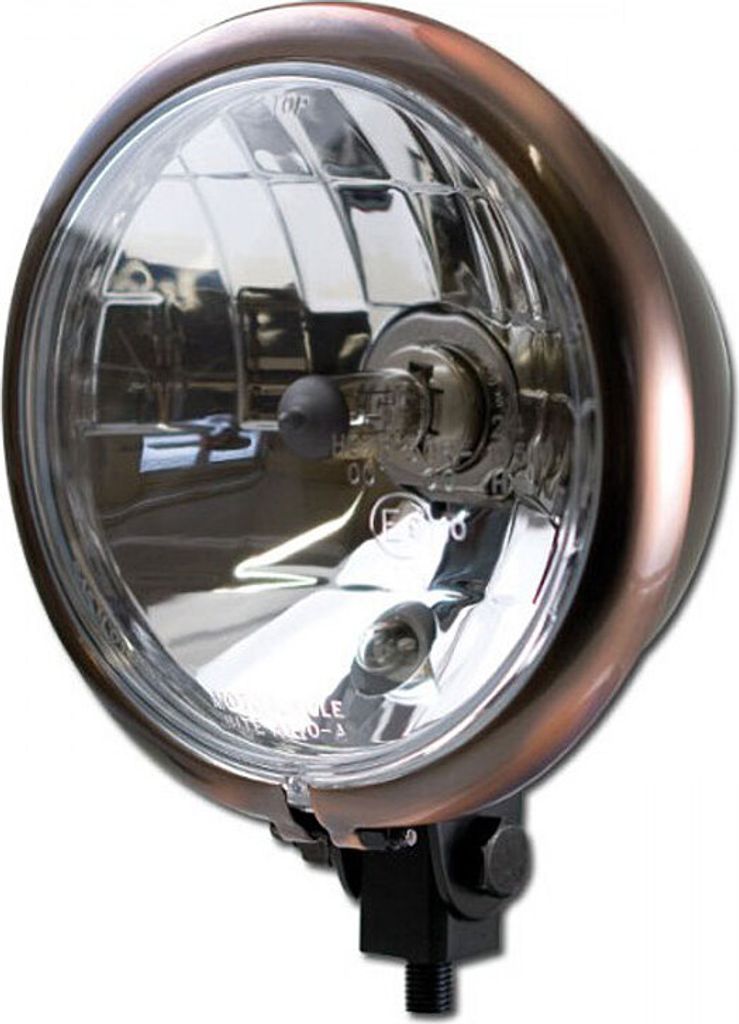 Scheinwerfer 5-3/4" Bates-Style, H4, schwarz mit Kupferring, Klarglas, Befestigung unten, E-gepr.