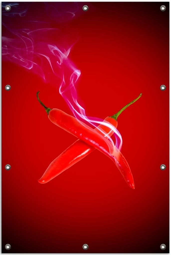 Wallario Outdoor-Poster für Garten oder Balkon, Motiv Rauchende Chili-Schoten im Duo vor rotem Hintergrund, in ca. 80 x 120 cm