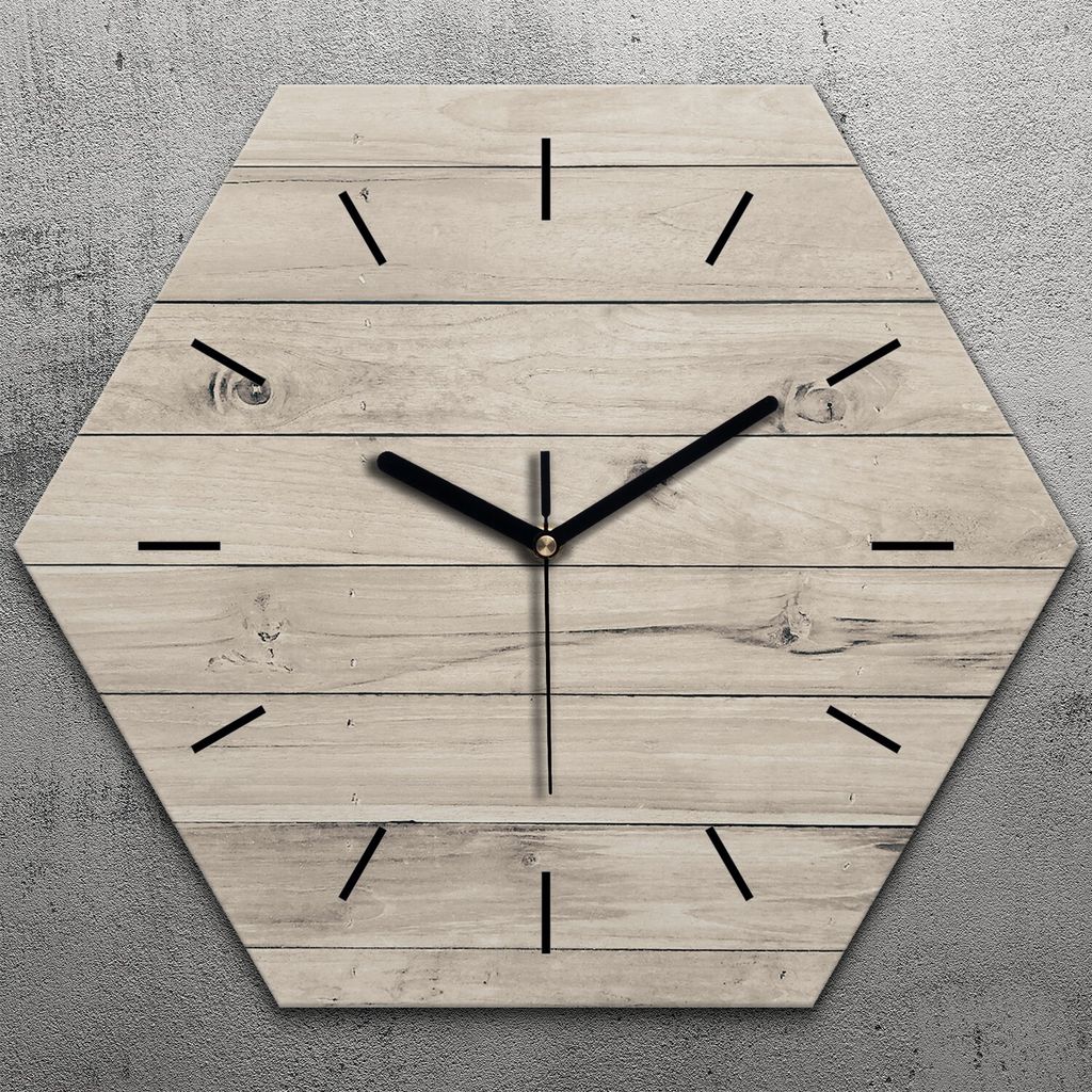 Uhr hexagonal 40 cm Glas Geräuschlos schwarze Zeiger - Weiß Holz