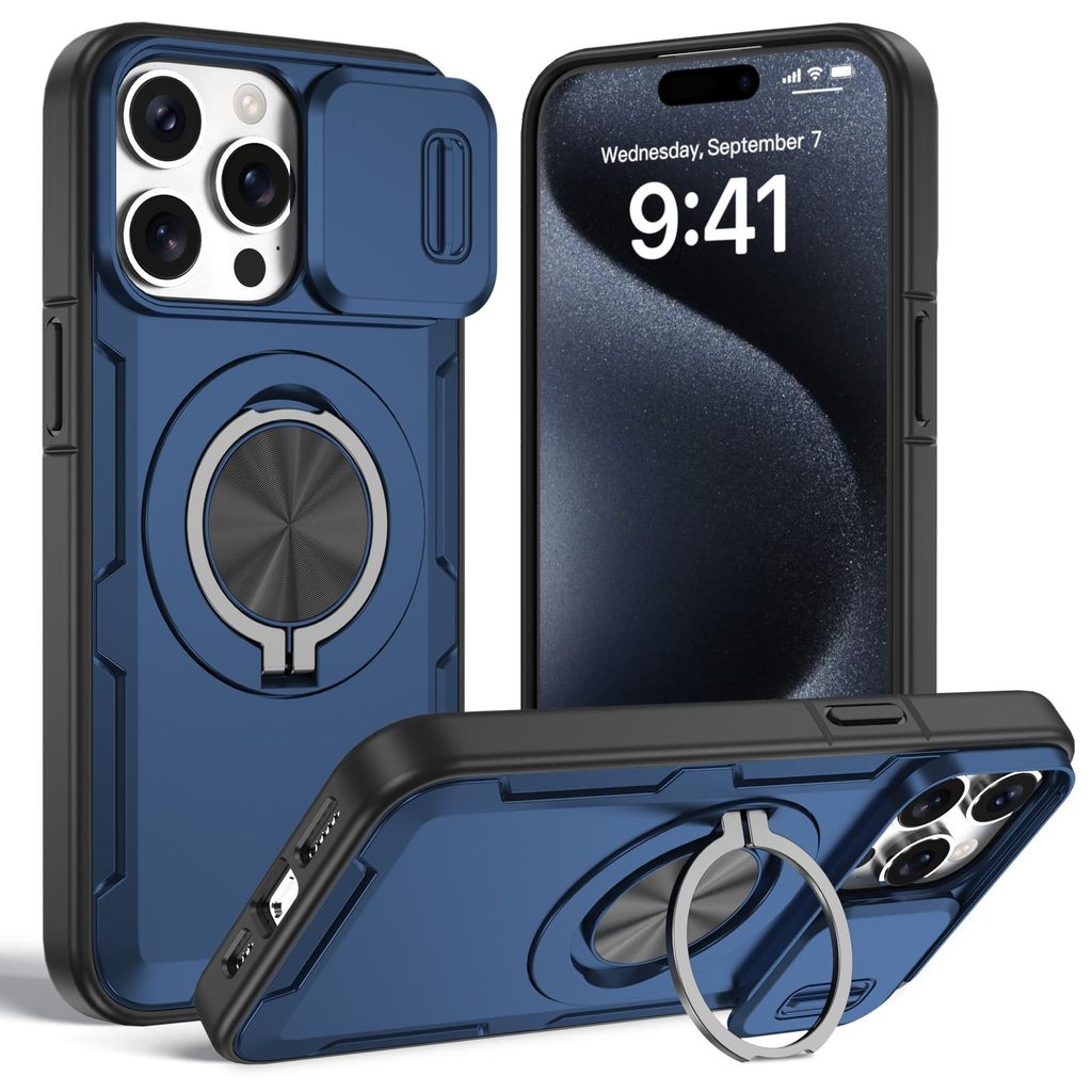 Magnetische Hülle für iPhone 15 Pro Max, Militär Stoßfest Handyhülle mit Kameraschutz und Ringhalter Ständer Blau