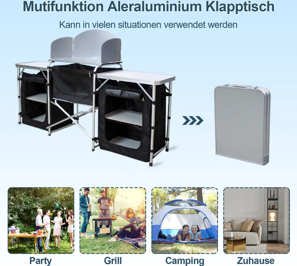 Cuisine de Camping Stable avec Paravent Anti-Vent et Armoire de Stockage