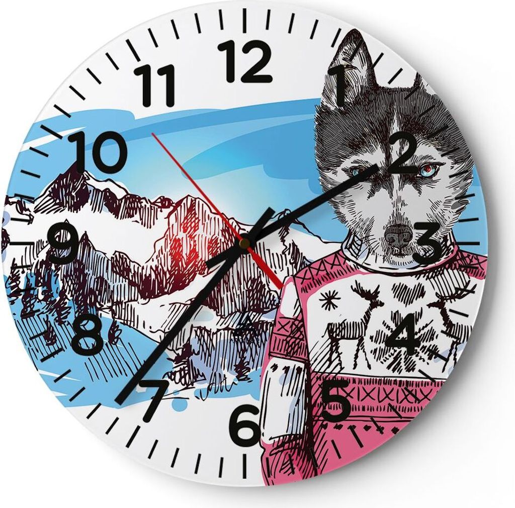 Wanduhr - Rund - Glasuhr - Husky Berg Kinder Mode - 40x40cm - Schleichendes Uhrwerk - Lautlos - zum Aufhängen bereit - Dekoration Modern - Wanddek...