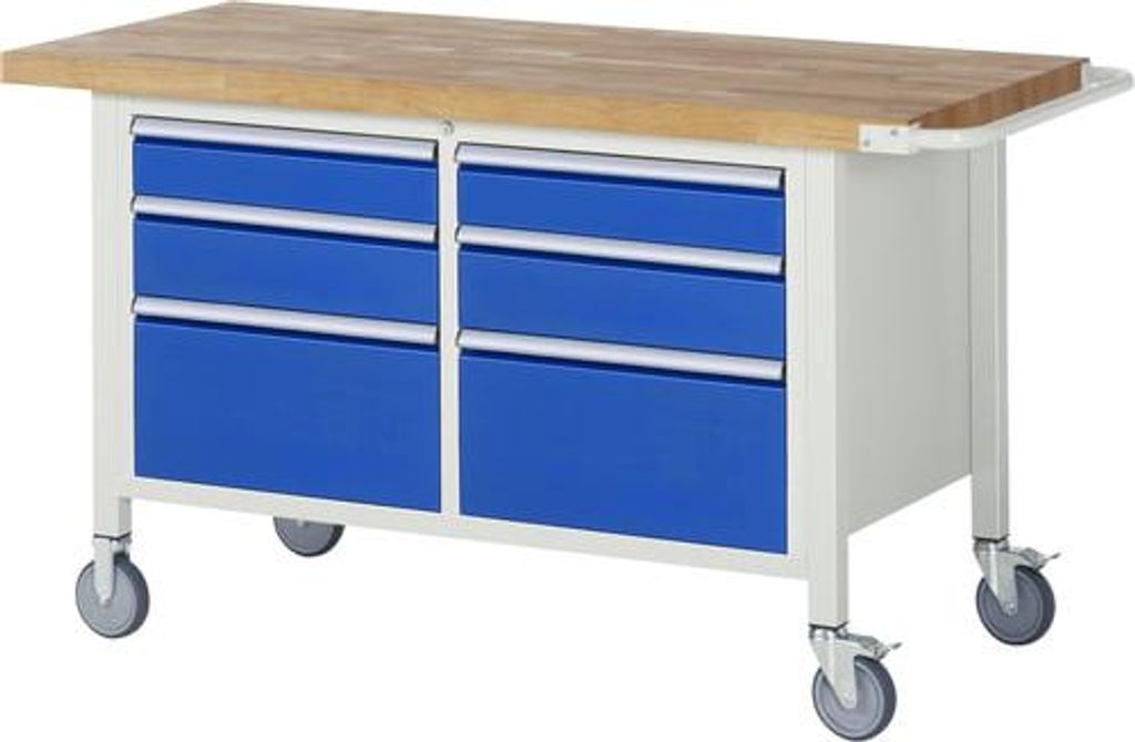 Mobile Werkbank mit 6 Schubladen - Teilauszug - 120:2 / 150:2 / 270:2 - höhenverstellbar 880-1.080 mm - 1.500 x 700 mm (BxT) - Traglast 450 kg - B...