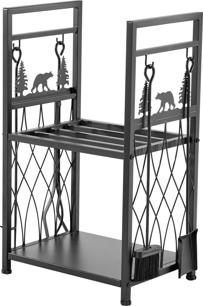 A black metal firewood rack with decorative bear and tree cutouts, and a set of fireplace tools including a brush, shovel, poker, and tongs.