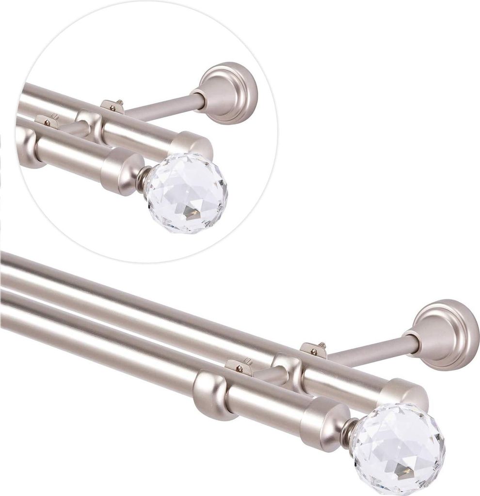 Gardinenstange 600 cm für Wandmontage, Vorhangstange 19 mm 2-läufig Chrom Matt, Gardinenstangenset mit Kugel Kristall