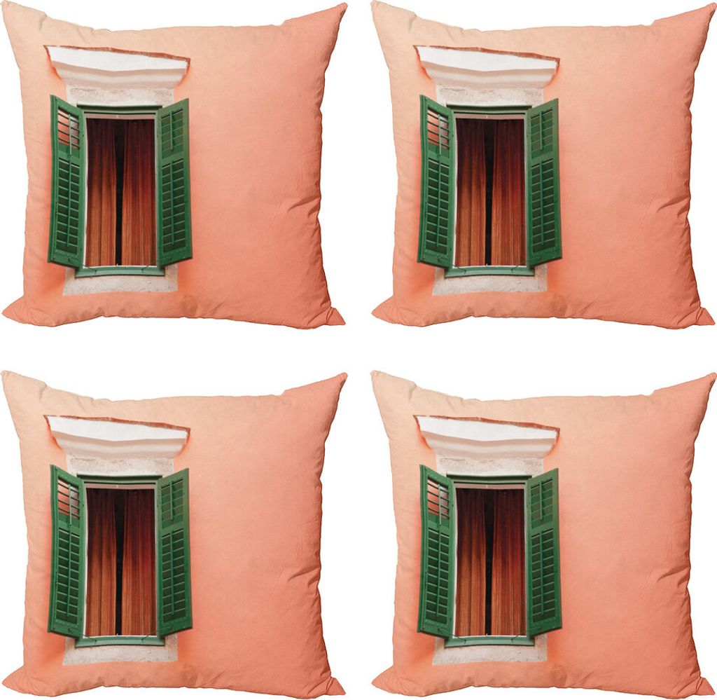 ABAKUHAUS Land Kissenbezug Set (4 Stück), Alte Retro Haus Fensterläden, Moderner Doppelseitiger Digitaldruck, 60 cm x 60 cm, Orange Grün Weiß