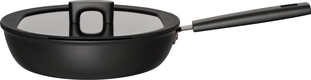 A black frying pan with a glass lid and a black handle, shown from a side angle against a white background.