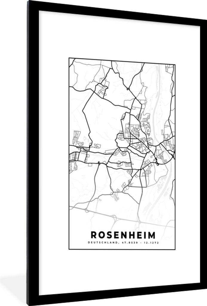 MuchoWow Gerahmtes Poster Karte - Rosenheim - Stadtplan - Karte 60x90 cm - Poster mit Schwarzem Bilderrahmen Wandposter Rahmen Foto Bilder - Deko...