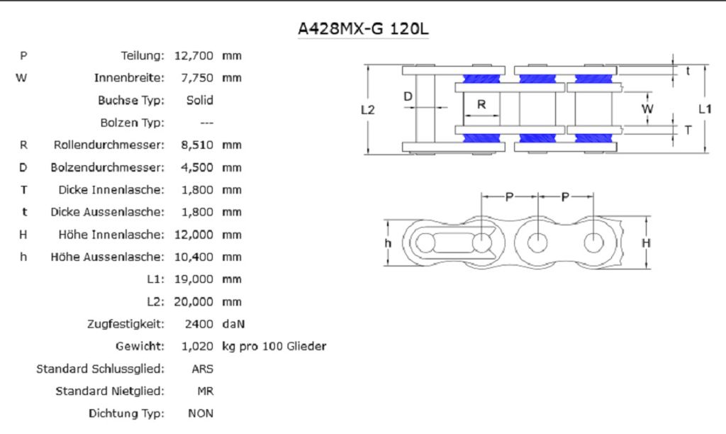 SP 1074315016 AFAM A428MXG Kette 428 124 Clip gedrückt passend fuer YAMAHA YZ 80