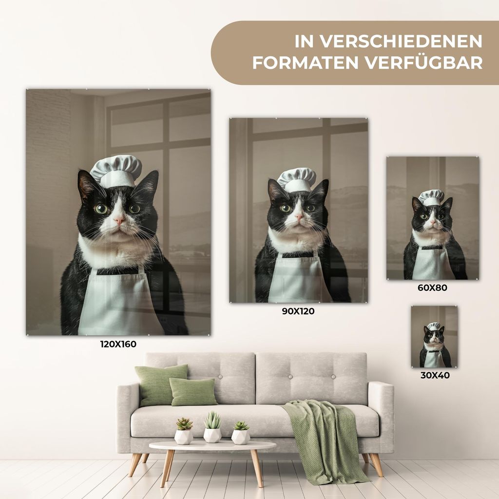 MuchoWow Glasbilder - Bilder auf Wandbild - Foto auf Glas Katze - Kochkleidung - Schwarz - Weiß 30x40 cm Wanddekoration aus Glas - Acrylglasbild -...