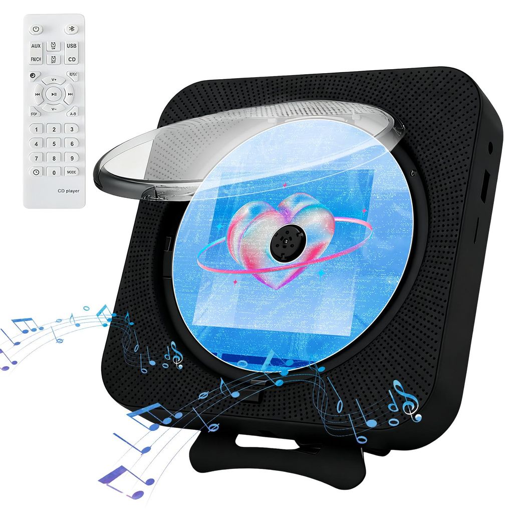 AIORBER Multifunktionaler Bluetooth CD Player mit Display, Wandmontage & Tischständer, USB, FM, Kopfhöreranschluss, Timer, Schwarz