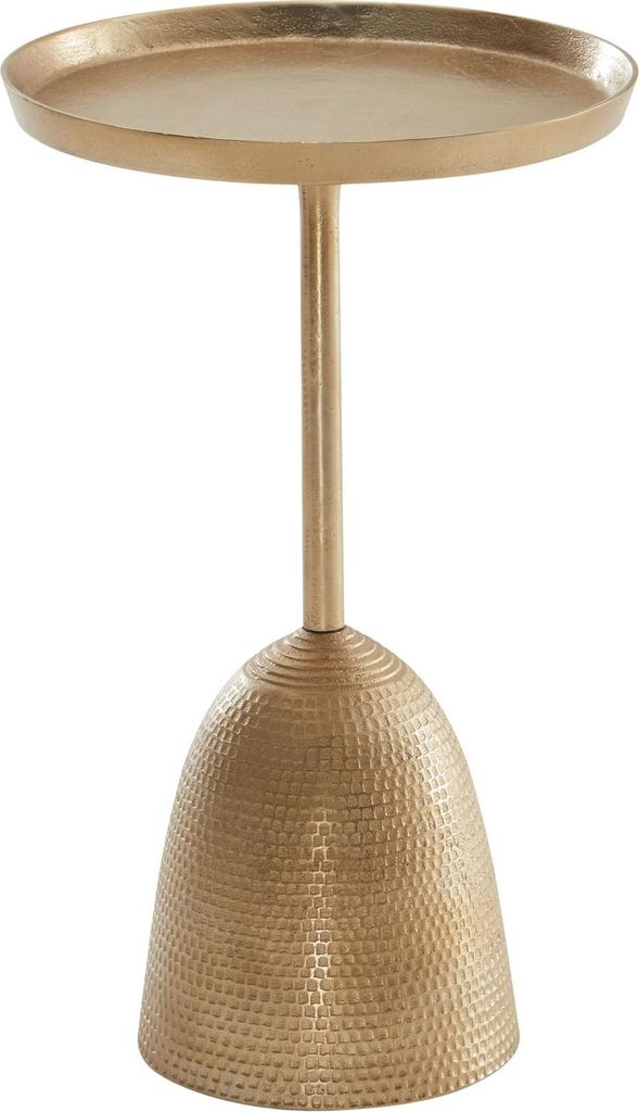 Runder Beistelltisch Gold mit gehämmerter Metallbasis und glatter Tischplatte in Gesamtansicht.
