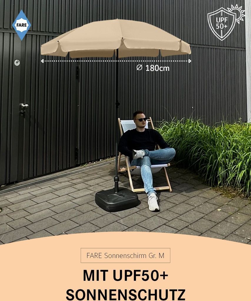 FARE Sonnenschirm M Höhenverstellbar Knickvorrichtung Lichtschutzfaktor UPF 50+ 180cm, Farbe:Natur
