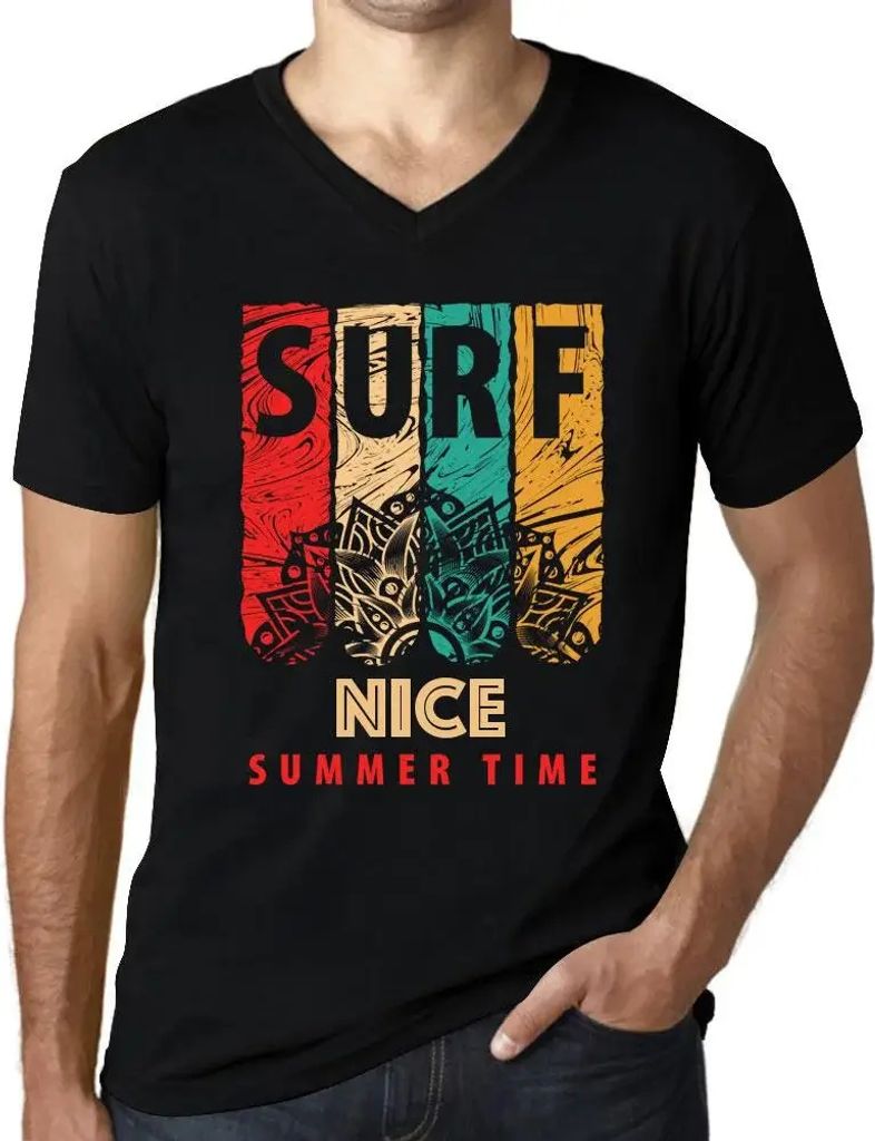 Herren Grafik T-Shirt V-Ausschnitt Sommerzeit surfen in schön – Summer Time Surf In Nice – Öko-Verantwortlich Vintage Jahrgang Kurzarm Lustig...