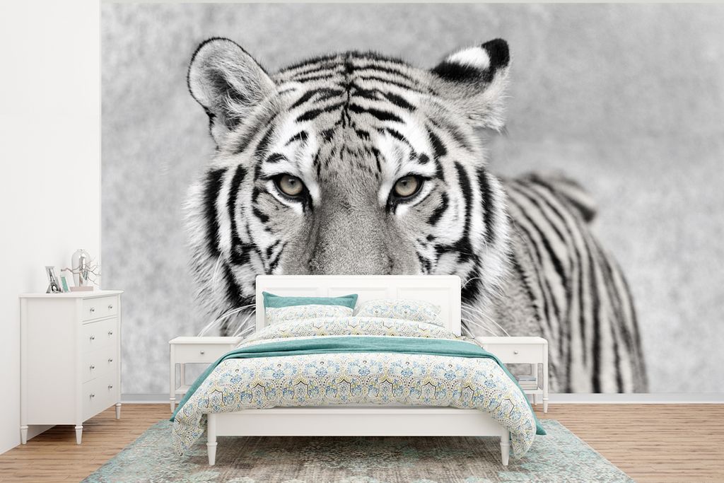 MuchoWow Fototapete für Wohnzimmer oder Schlafzimmer Wandtapete Vinyl Motivtapete Tiger - Natur - Schwarz - Weiß - 320x240 cm - Tapeten