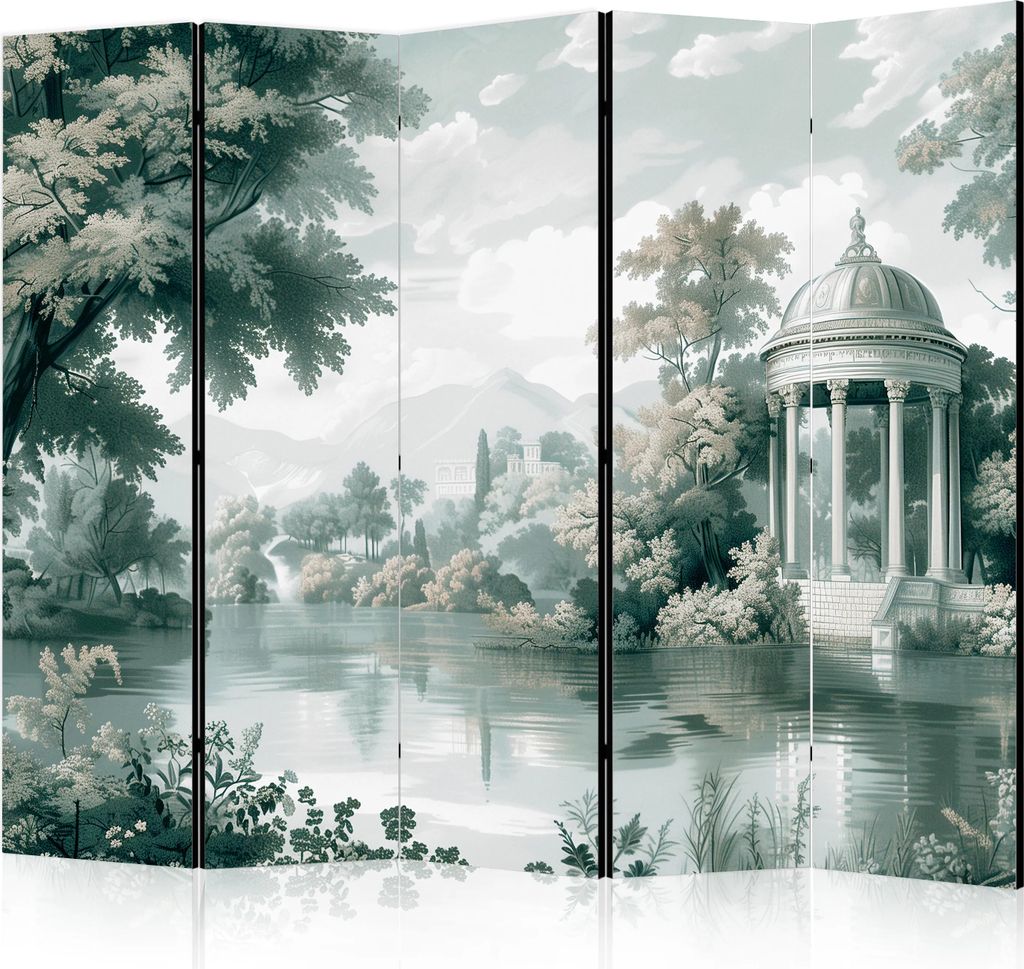 5-teiliger Doppelseitiger Vlies Paravent - View of the Park and Lake - Retro Vintage Landscape in Greens 225x172 cm c-H-10046-z-b