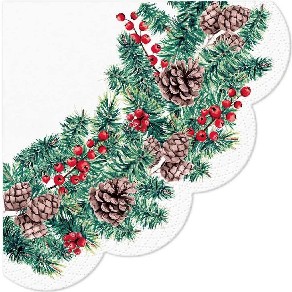12 Servietten rund Winter Branches - Zapfen im Kranz Ø32cm Produktbild 