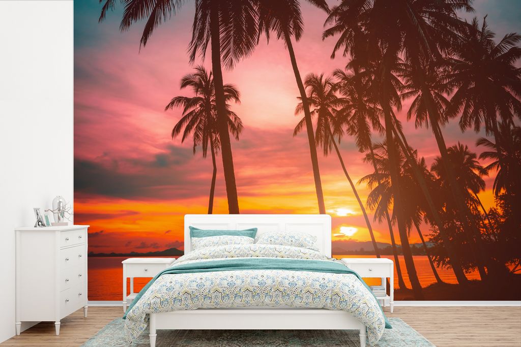 MuchoWow Fototapete für Wohnzimmer oder Schlafzimmer Wandtapete Vinyl Motivtapete Meer - Palme - Sonnenuntergang - Strand - Silhouette - 330x220...