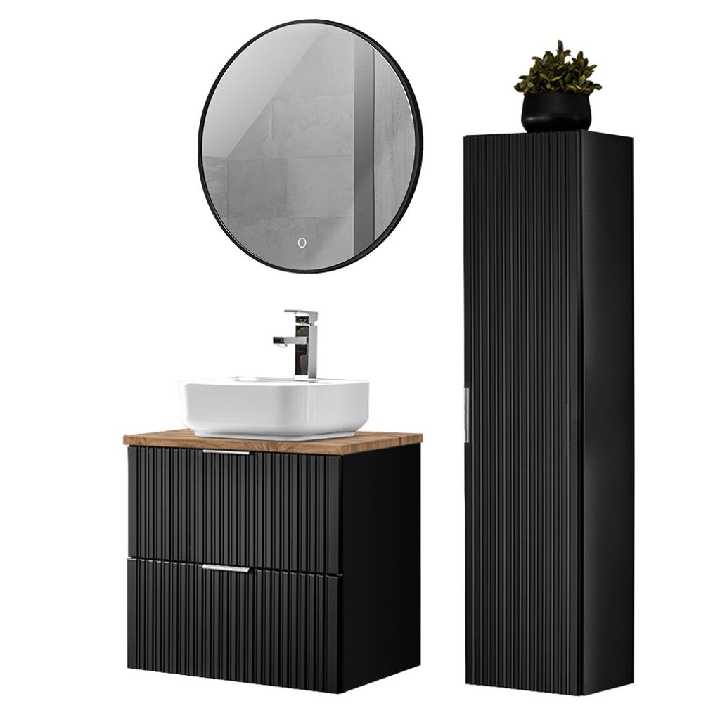 Badmöbel Set mit Keramik Waschbecken und LED Spiegel, matt schwarz und Eiche Nb., mit gerillter Front, ADELAIDE-56-BLACK, B/H/T ca. 110/200/46,5 cm