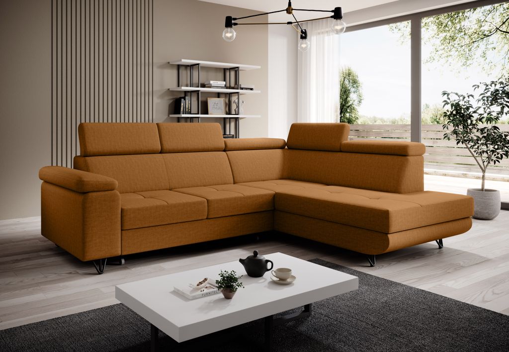 Ecksofa JUNIOR L-form Farbe Gelb Vogue 9 Eckouch mit Schlaffunktion und Bettkasten, Ecksofa mit Verstellbare Kopfstützen, Wohnzimmer Polsterecke
