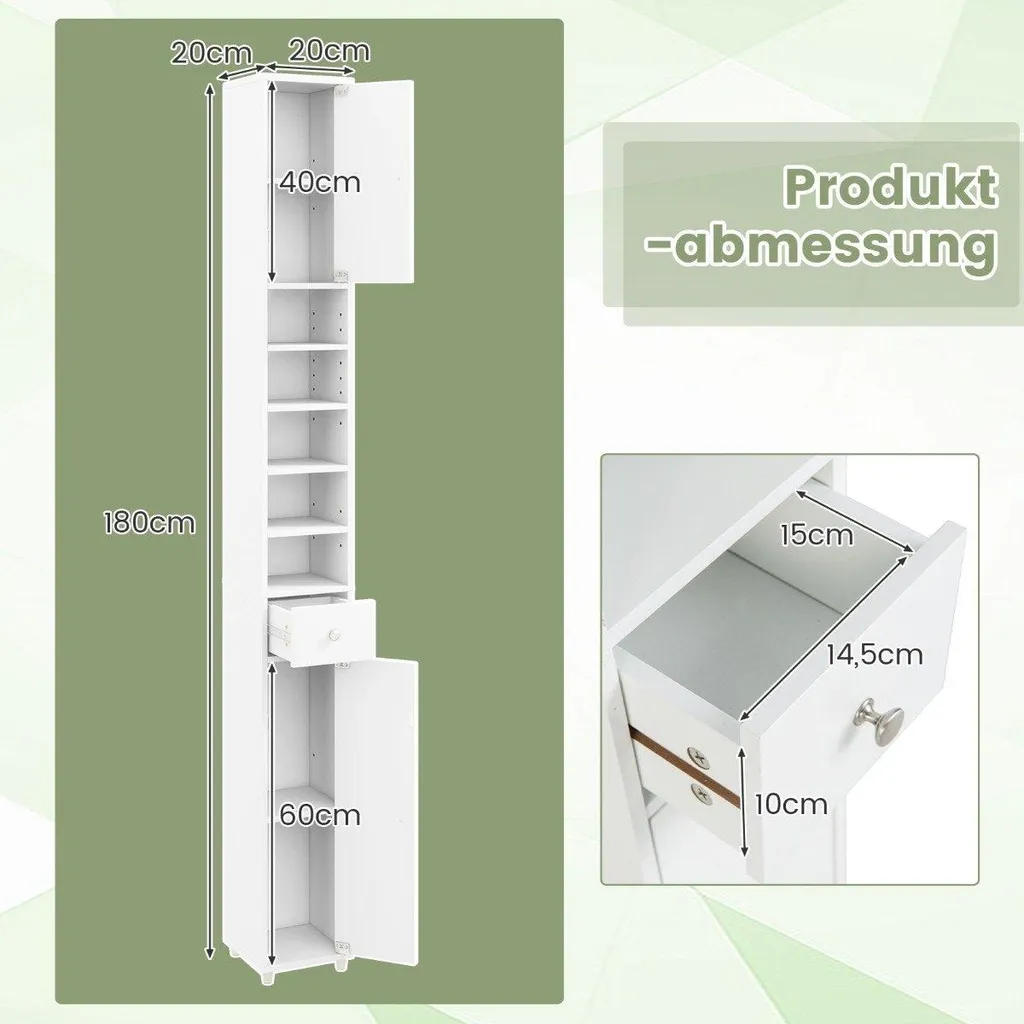 Colonne de salle de bain étroite blanche meuble de rangement 20x180 cm