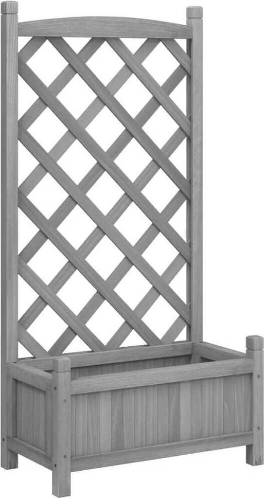 A wooden planter box with a trellis attached to the back, shown against a white background.