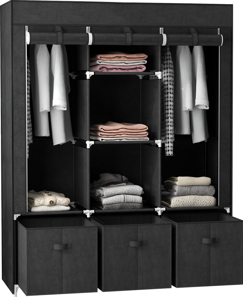 Faltbarer Vlies-Kleiderschrank mit 2 Stangen, 5 Böden und 3 Schubladen, 125 x 43 x 162,5 cm, Schwarz - mit Reißverschluss - belastbar bis 65 kg -...