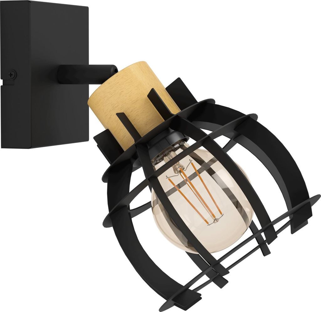 EGLO Wandlampe Stillington 1, Wandleuchte, Spot schenkbar, Wandspot aus Holz in Natur und Metall in Schwarz, Wand Lampe für Wohnzimmer und Flur, E27