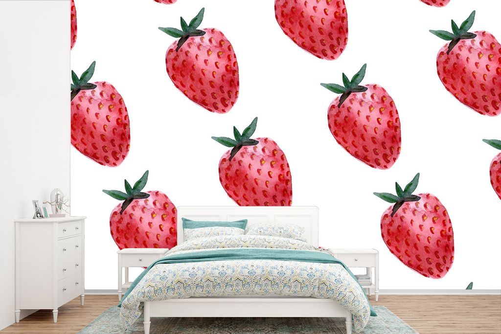 MuchoWow Fototapete für Wohnzimmer oder Schlafzimmer Wandtapete Vinyl Motivtapete Erdbeere - Muster - Aquarell - 420x280 cm - Zimmer für Kinder
