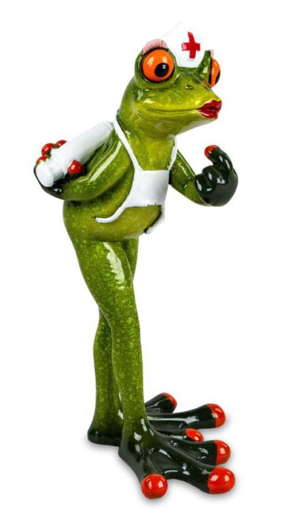 Eine lustige Froschfigur, die als Krankenschwester verkleidet ist. Die Farbgebung ist lebendig.