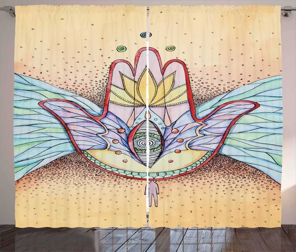 ABAKUHAUS Hamsa Rustikaler Gardine, Flügel Auge Mystical, Schlafzimmer Kräuselband Vorhang mit Schlaufen und Haken, 280 x 245 cm, Turquoise Aprikose