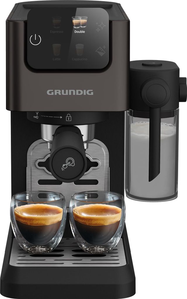 A close-up studio shot of a Grundig espresso machine with two cups of espresso.