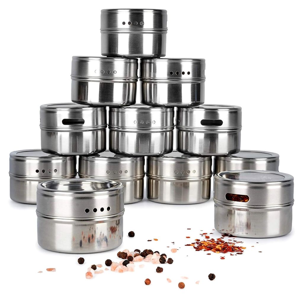 Edelstahl-Gewürzdosen mit Magnet (12 Stück, 100ml, Silber) – Gewürzbehälter mit Deckel und Dosierhilfe