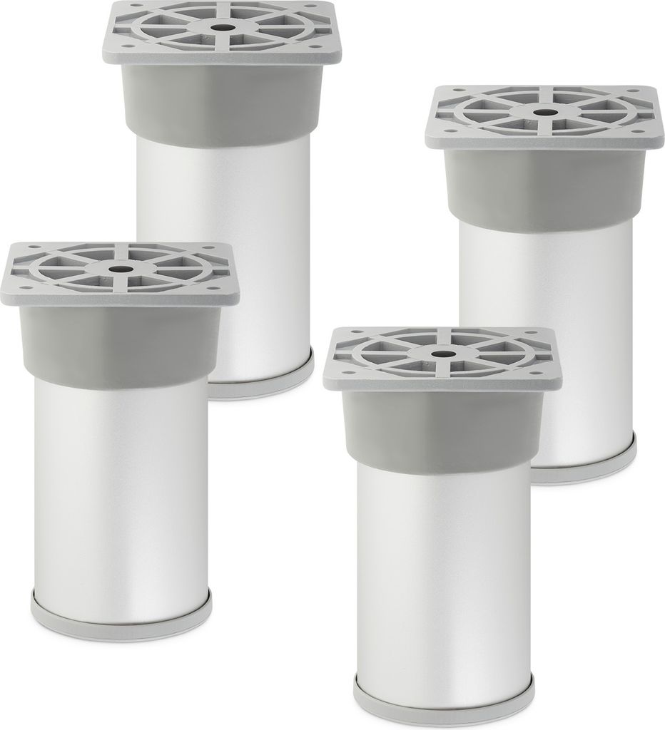 4 Stück Möbelfüße Alfa II 100 mm (+ 10 mm) Ø 50 mm Silberoptik eloxiert höhenverstellbare Möbelbeine aus Aluminium Sotech