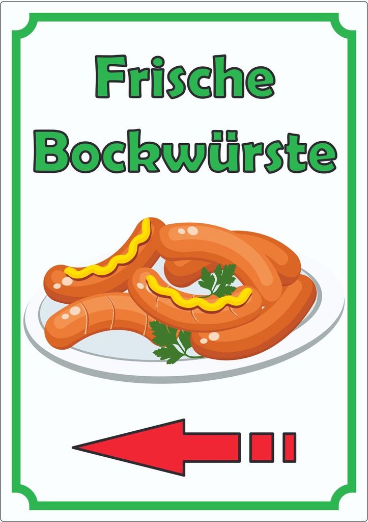 Frische Bockwürste Werbeaufkleber Aufkleber hochkant mit Pfeil nach links A9 (37x52mm)