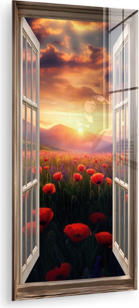 MuchoWow Glasbilder - Bilder auf Wandbild - Foto auf Glas Durchsichtig - Mohnblumen - Blumen - Rot - Offenes Fenster 40x80 cm Wanddekoration aus Gl...