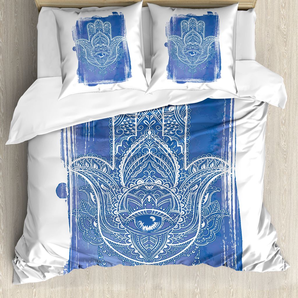 ABAKUHAUS Hamsa Bettbezug, Aufwändige Mystical, Milbensicher Allergiker geeignet mit Kissenbezügen, 200 cm x 200 cm - 80 x 80 cm, Blau Weiss