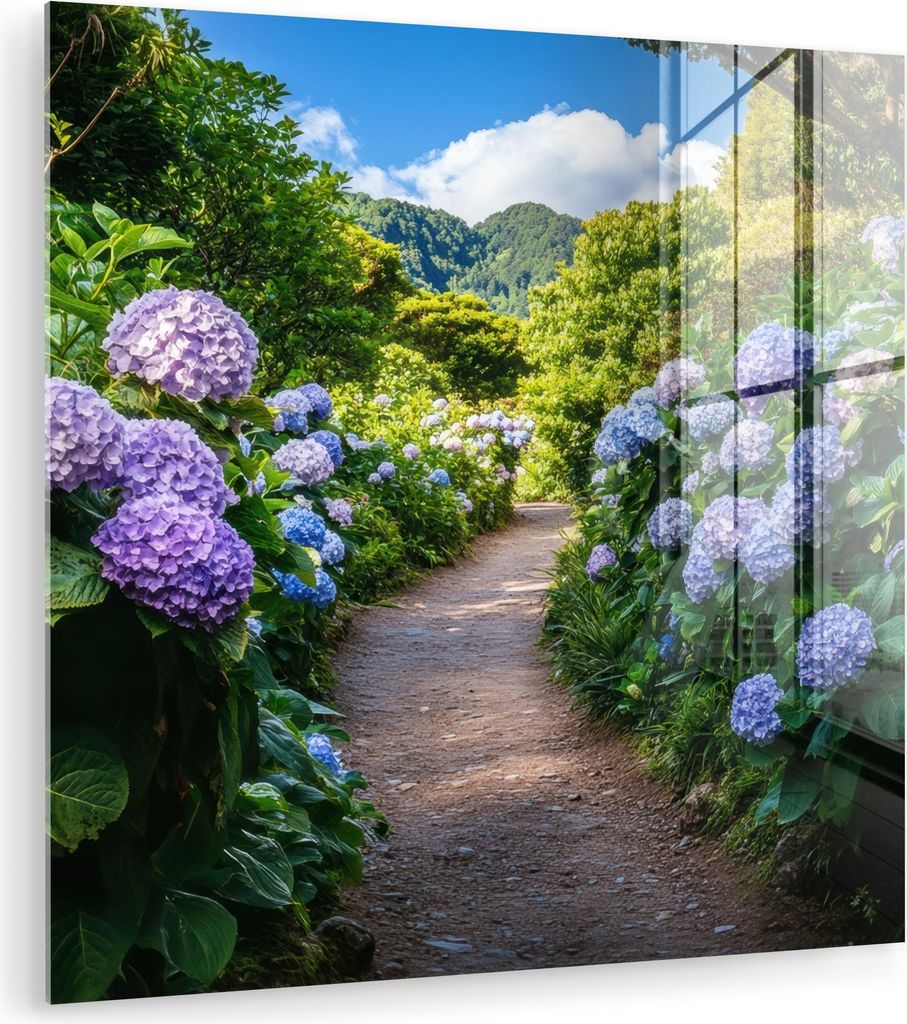 MuchoWow Glasbilder - Bilder auf Wandbild - Foto auf Glas Hortsensia - Kröte - Blumen 90x90 cm Wanddekoration aus Glas - Acrylglasbild - Acrylbild...