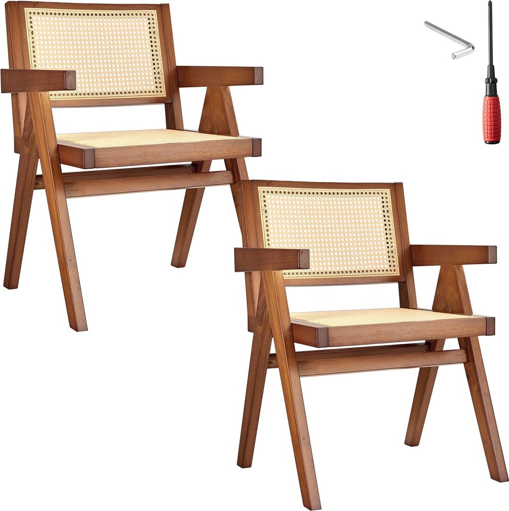 Two wooden chairs with cane webbing are shown against a white background, along with assembly tools.