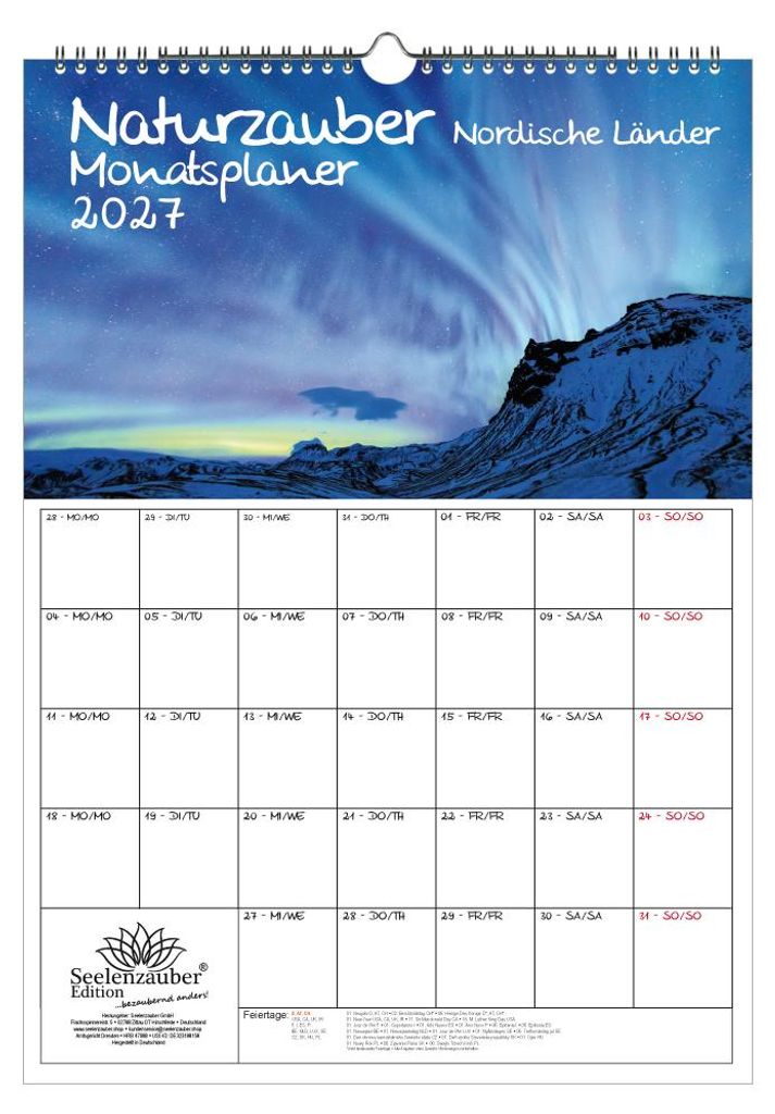 Naturzauber Nordische Länder Planer DIN A3 Kalender für 2027 Natur und Land im Norden - Set-Inhalt: 1x Kalender, 1x Weihnachtsanhänger (insgesam...