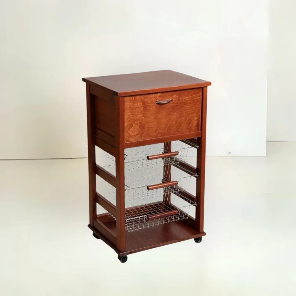 Carrello da cucina 3 cestini estraibili ed un cassetto portapane Vesuvio colore ciliegio
